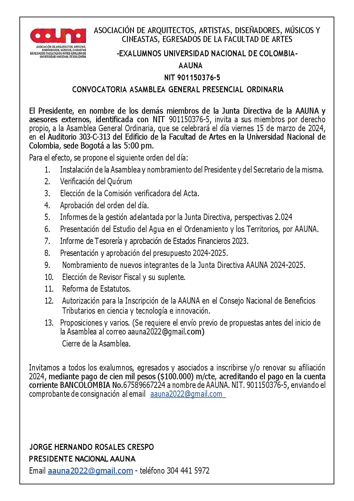 CONVOCATORIA ASAMBLEA GENERAL PRESENCIAL ORDINARIA – 2024 (CANCELADA POR FUERZA MAYOR)