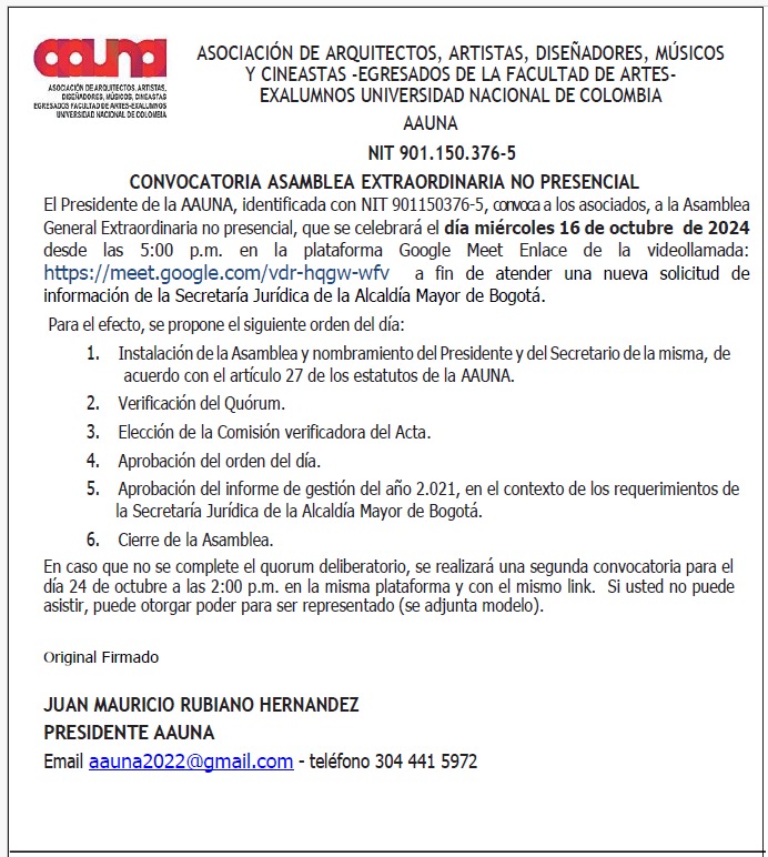 CONVOCATORIA ASAMBLEA EXTRAORDINARIA NO PRESENCIAL (VIRTUAL) MIERCOLES 16 DE OCTUBRE DE 2024 / Hora 5:00 PM