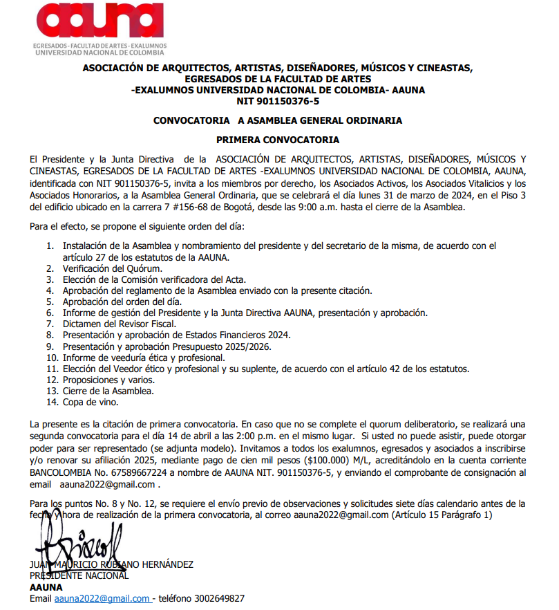 CONVOCATORIA ASAMBLEA ORDINARIA PRESENCIAL LUNES 31 DE MARZO DE 2025 / Hora 9:00 AM