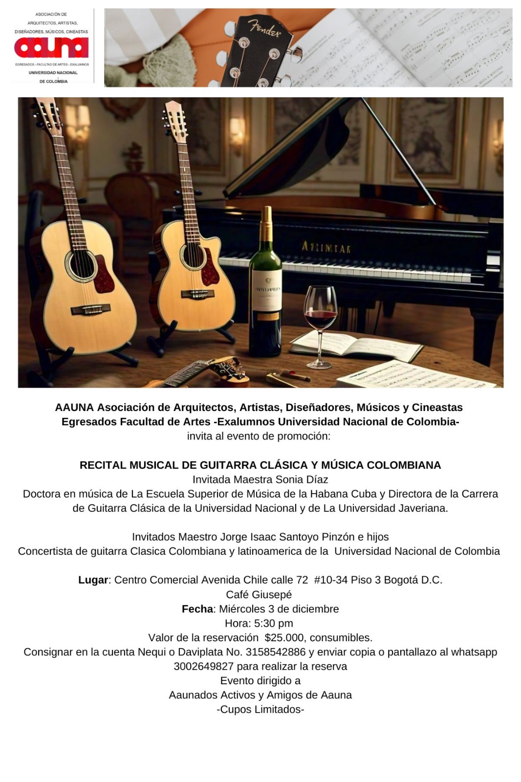 REENCUENTROS AAUNA INVITA AL RECITAL MUSICAL DE GUITARRA CLASICA Y COLOMBIANA